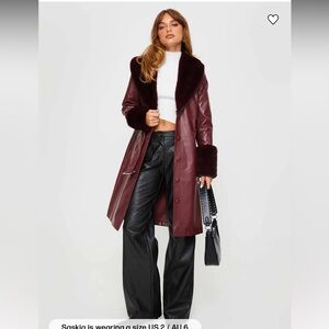 Lioness Burgundy Leather and Faux Fur Trimmed Coat